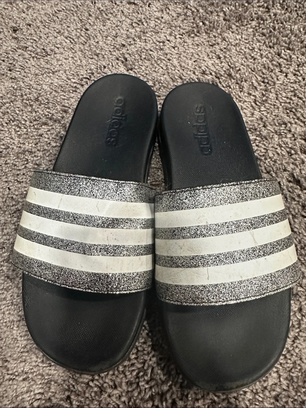 adidas Kids Black Slides with Silver Glitter Straps